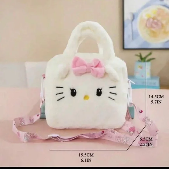 Hello Kitty Purse Cartoon Anime Fluffy faux fur Crossbody Shoulder Bag Kids New - Picture 5 of 8